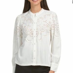 Democracy Ivory Embroidered Lace Eyelet button down Long sleeve Top NEW 1X